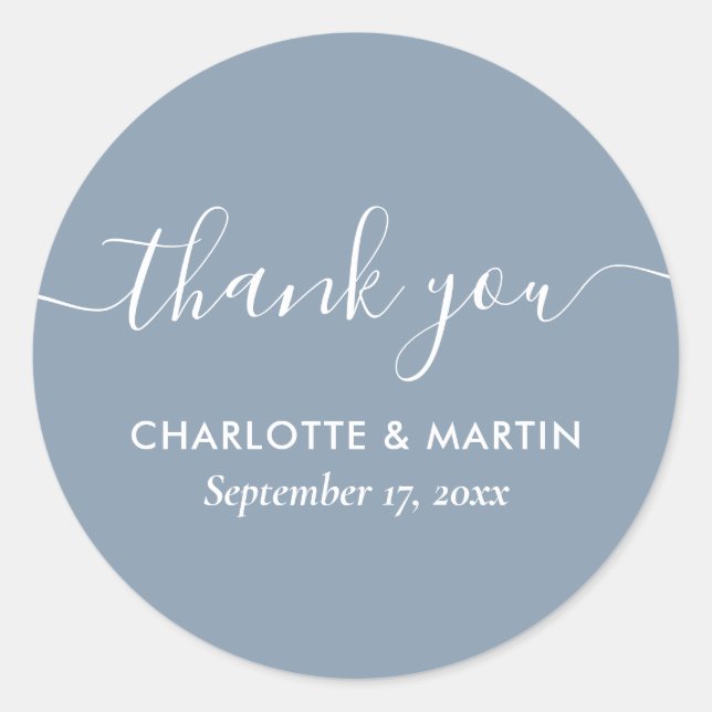 Modern Script Dusty Blue Wedding Shower Thank You Classic Round Sticker (Front)
