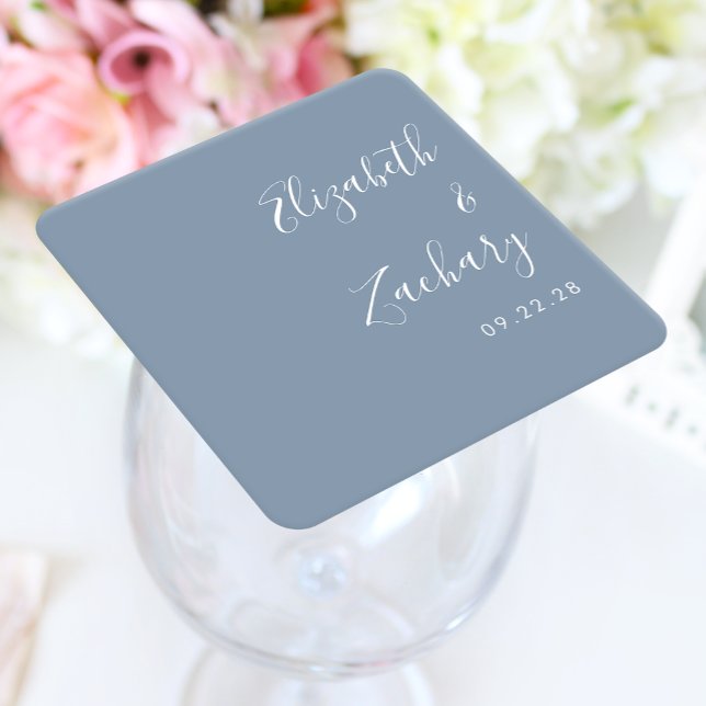 Modern Script Dusty Blue Wedding Square Paper Coaster (Creator Uploaded)