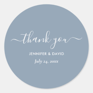 Modern Script Dusty Blue Wedding Thank You Classic Round Sticker