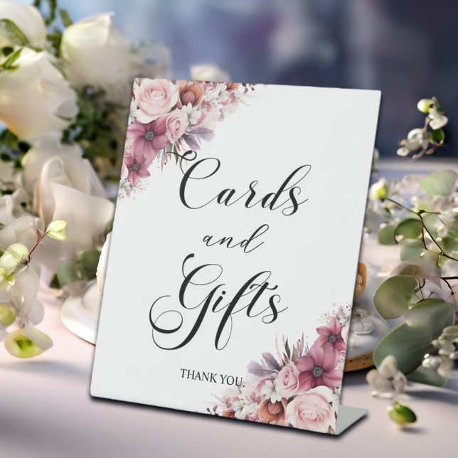 Modern Script Dusty Pink Boho Floral Cards & Gifts Pedestal Sign (Creator Uploaded)