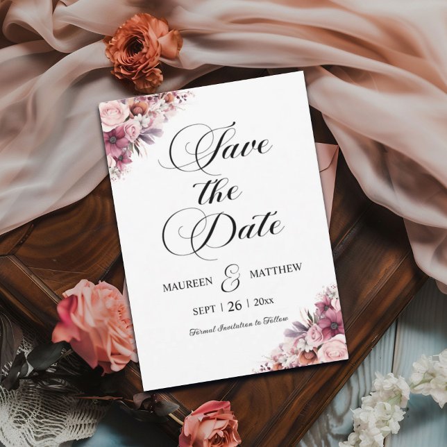 Modern Script Dusty Pink Boho Floral Save the Date (Creator Uploaded)