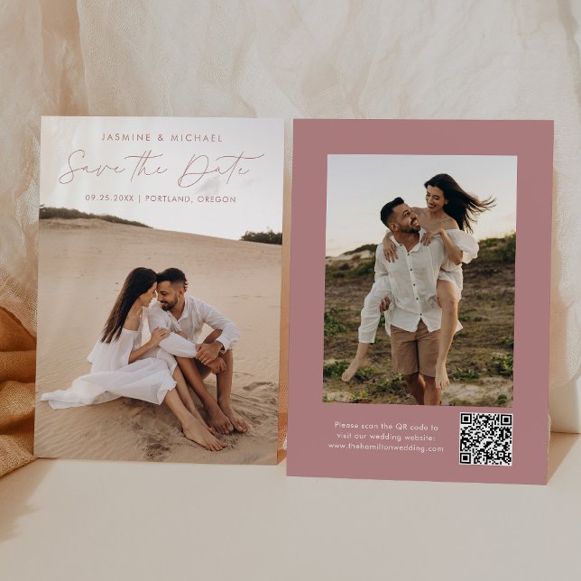 Modern Script Dusty Rose QR Code 2 Photo Save The Date (Creator Uploaded)