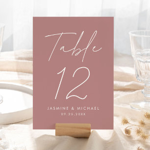 Modern Script Dusty Rose Wedding Table Number Card