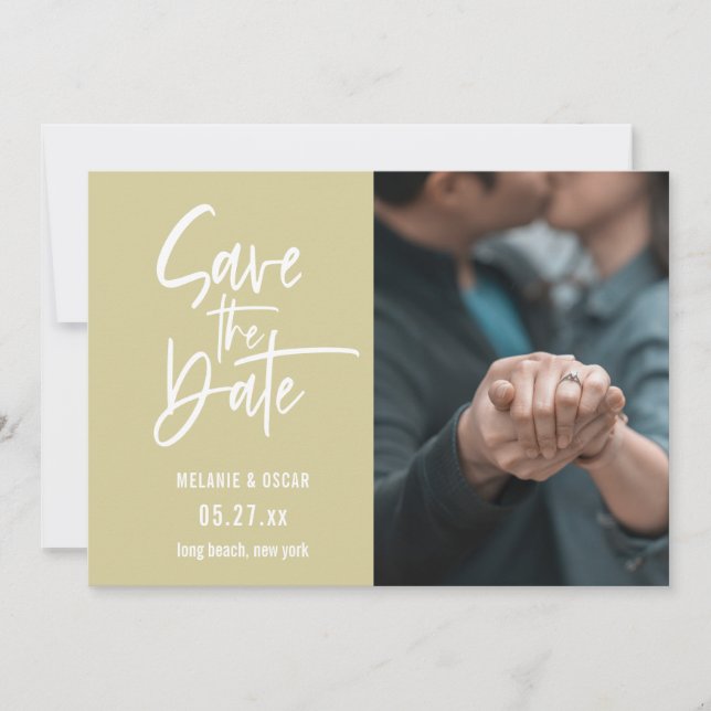 Modern Script Dusty Yellow Photo Save The Date Announcement (Front)