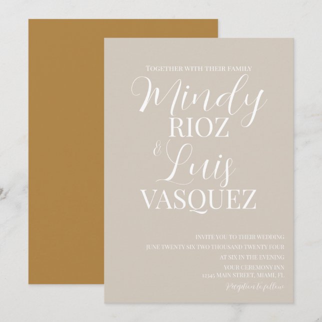 Modern Script Earthy Beige Tan Wedding Invitation (Front/Back)
