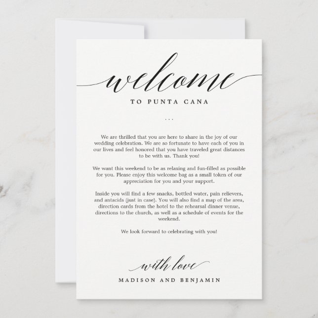 Modern Script EDITABLE COLOR Welcome Itinerary Thank You Card (Front)