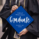 Modern Script Editable Colours Graduate Blue Graduation Cap Topper<br><div class="desc">This modern graduation cap topper features lovely calligraphy script "Graduate" and white typography over a blue background. All colours are customizable!</div>