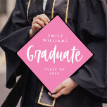 Modern Script Editable Colours Graduate Pink Graduation Cap Topper<br><div class="desc">This modern graduation cap topper features lovely calligraphy script "Graduate" and white typography over a pink background. All colours are customizable!</div>