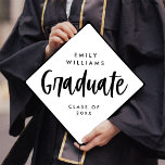 Modern Script Editable Colours Graduate White Blac Graduation Cap Topper<br><div class="desc">This modern graduation cap topper features lovely calligraphy script "Graduate" and black typography over a white background. All colours are customizable!</div>