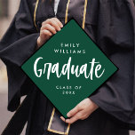 Modern Script Editable Colours Graduate White Gree Graduation Cap Topper<br><div class="desc">This modern graduation cap topper features lovely calligraphy script "Graduate" and white typography over a dark green background. All colours are customizable!</div>