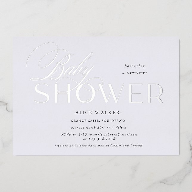 modern script elegant baby shower foil invitation (Front)