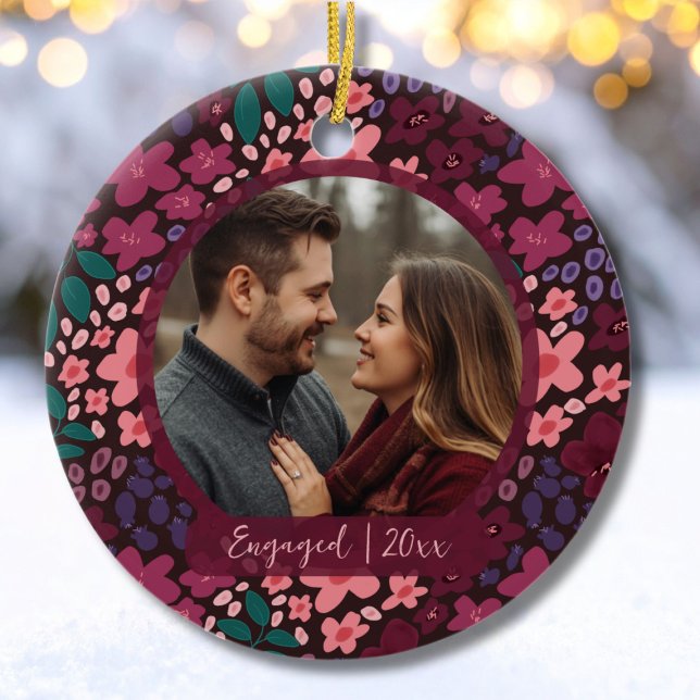 Modern Script Elegant Engagement Photo Keepsake  Ceramic Ornament (Engaged Holiday Photo Ornament Keepsake)