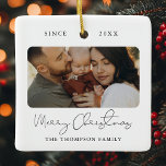 Modern Script Elegant Merry Christmas Photo Ceramic Ornament<br><div class="desc">This modern script photo Merry Christmas ornament features two of your favourite photos (on the front and back) of your new baby,  your family,  or your new house as well as your family name and date.</div>