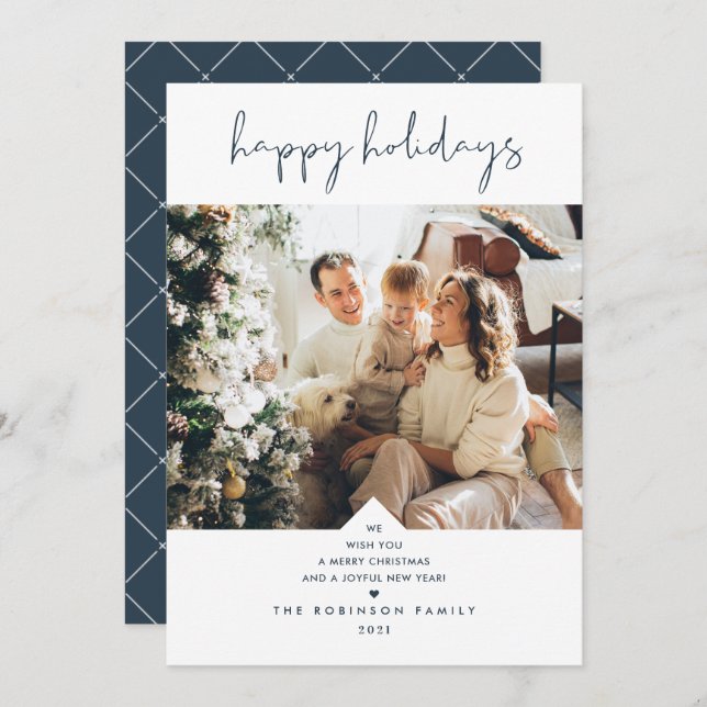 Modern Script Elegant Navy Blue Christmas Photo Holiday Card (Front/Back)