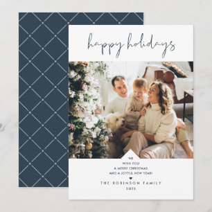 Modern Script Elegant Navy Blue Christmas Photo Holiday Card