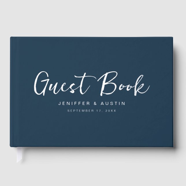 Modern Script Elegant Navy Blue Wedding Guest Book (Front)