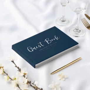 Modern Script Elegant Navy Blue Wedding Guest Book