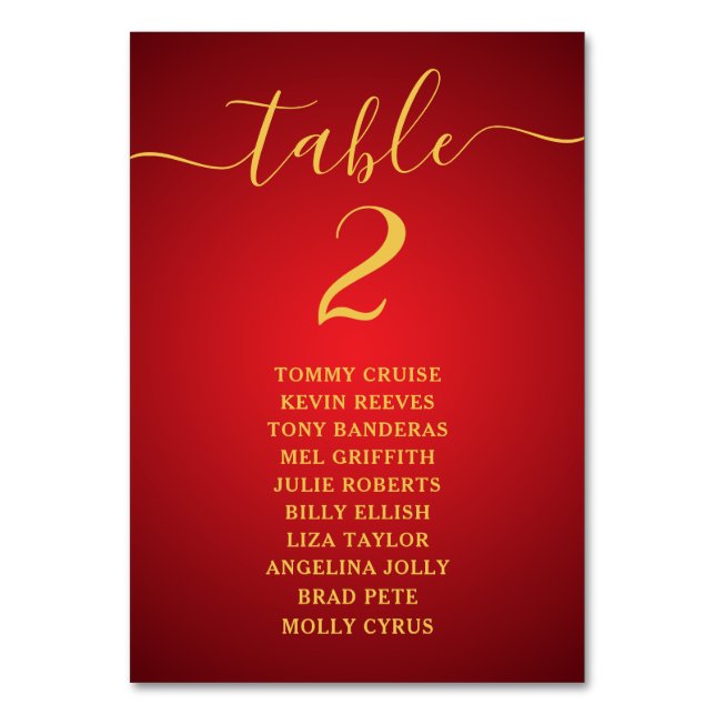Modern Script Elegant Red Gold  Seating Chart Card (Back)