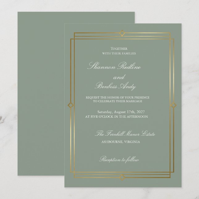 Modern Script Elegant Sage Green & Gold  Wedding Invitation (Front/Back)