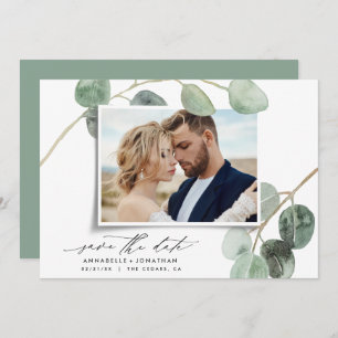 Modern script elegant vintage photo eucalyptus inv invitation
