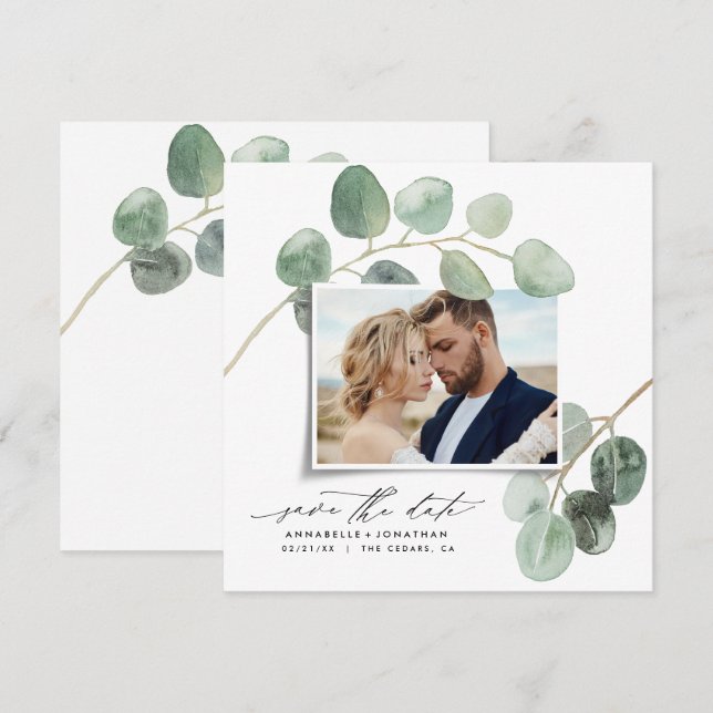 Modern script elegant vintage photo eucalyptus inv invitation (Front/Back)