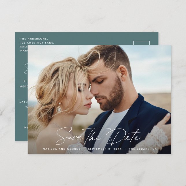 Modern script elegant wedding announcement postcard (Front/Back)
