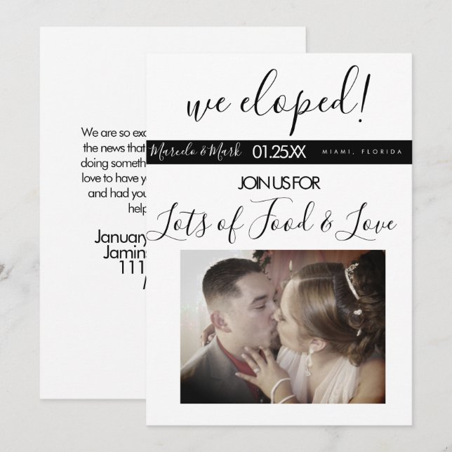 Modern Script Eloped Black White Photo Dinner Card (Front/Back)
