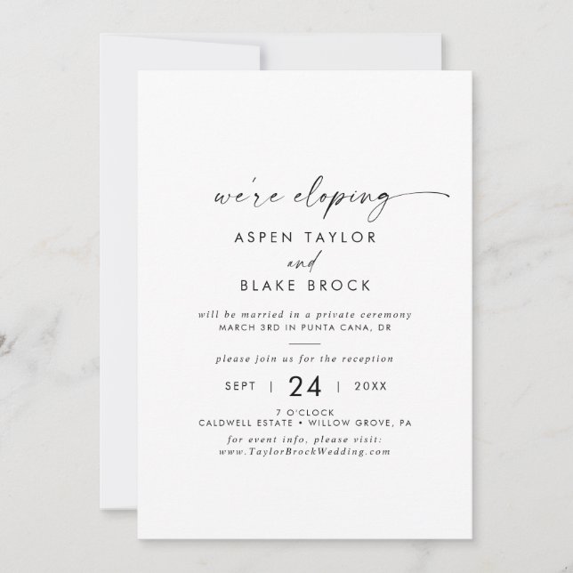Modern Script Elopement Reception Invitation (Front)