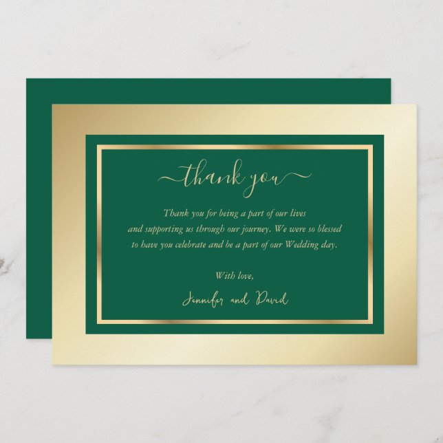 Modern Script Emerald Green Gold Thank You Card (Front/Back)