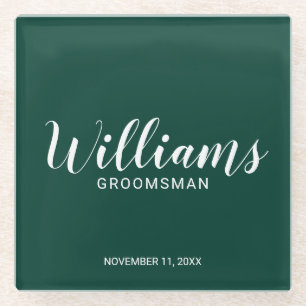 Modern Script Emerald Green Personalized Groomsman Glass Coaster