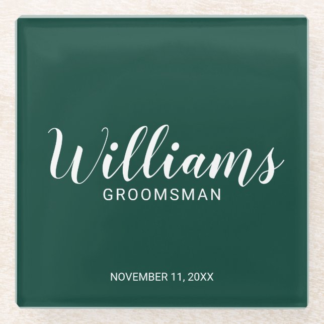 Modern Script Emerald Green Personalized Groomsman Glass Coaster (Front)