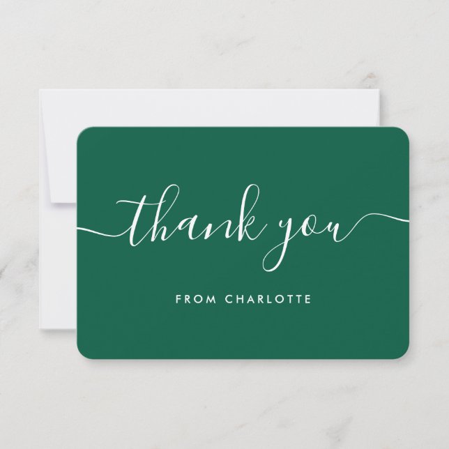 Modern Script Emerald Green Wedding Shower Thank You Card (Front)