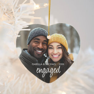 Modern Script Engaged Couple Photo Holiday Heart Ceramic Ornament