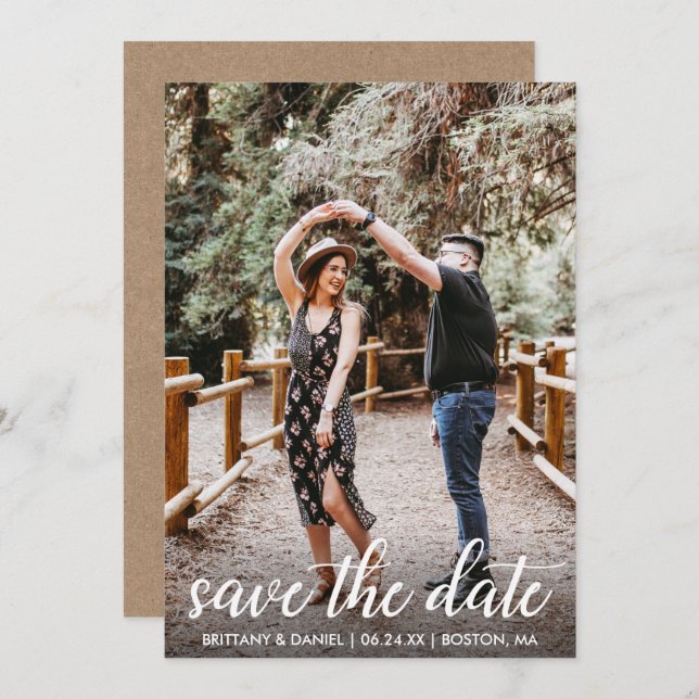 Modern Script Engagement Kraft Save The Date Card (Front/Back)