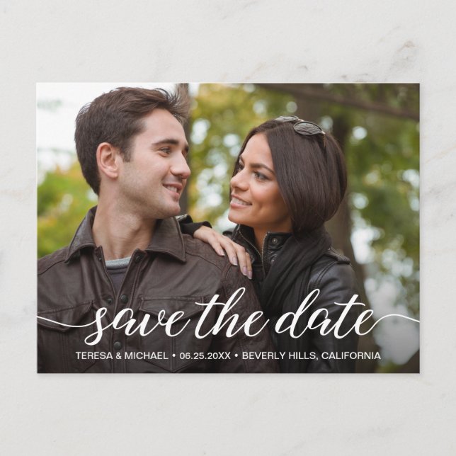 Modern Script Engagement Photo Save The Date  Postcard (Front)