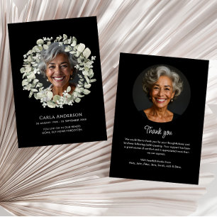 Modern Script Eucalyptus 2-Photo Funeral/Memorial Thank You Card