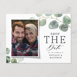 Modern script eucalyptus botanical photo wedding announcement postcard