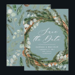 Modern script eucalyptus elegant wedding save the date<br><div class="desc">Modern script and eucalyptus foliage wreath elegant wedding save the date card. Modern minimal stylish design. All colours can be customized.</div>