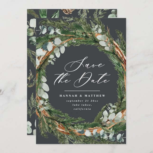 Modern script eucalyptus elegant wedding save the date (Front/Back)