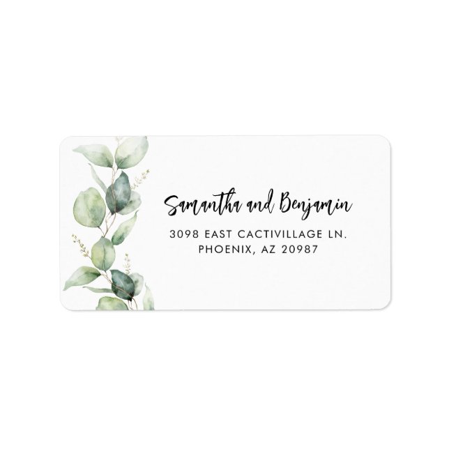 Modern Script Eucalyptus Wedding Address Label (Front)