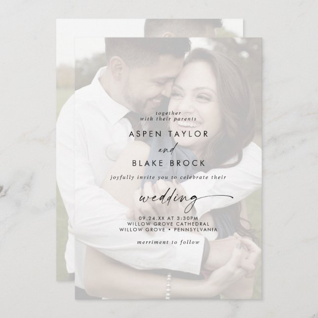 Modern Script | Faded Photo Front and Back Wedding Invitation (Front/Back)