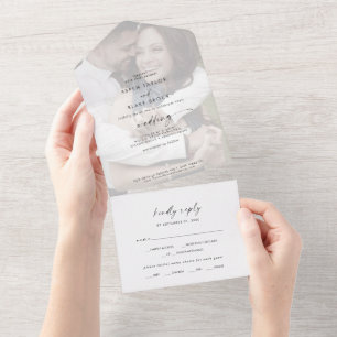 Modern Script Faded Photo Wedding All In One Invitation