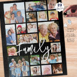 Modern Script FAMILY 19 Photo Collage Custom Colou Jigsaw Puzzle<br><div class="desc">Create your own modern photo memories puzzle utilizing this easy-to-upload photo collage template with 19 pictures in various shapes and sizes and your name or custom title (shown with FAMILY) in chic handwritten script typography. CHANGES: Change the black background colour and/or the title and text font style, size, colour or...</div>