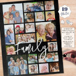 Modern Script FAMILY 19 Photo Collage Custom Colou Jigsaw Puzzle<br><div class="desc">Create your own modern photo memories puzzle utilizing this easy-to-upload photo collage template with 19 pictures in various shapes and sizes and your name or custom title (shown with FAMILY) in chic handwritten script typography. CHANGES: Change the black background colour and/or the title and text font style, size, colour or...</div>