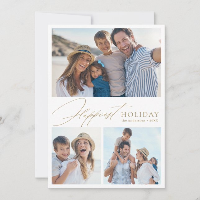 Modern Script Family 3 Photo Happiest Holiday card (Front)