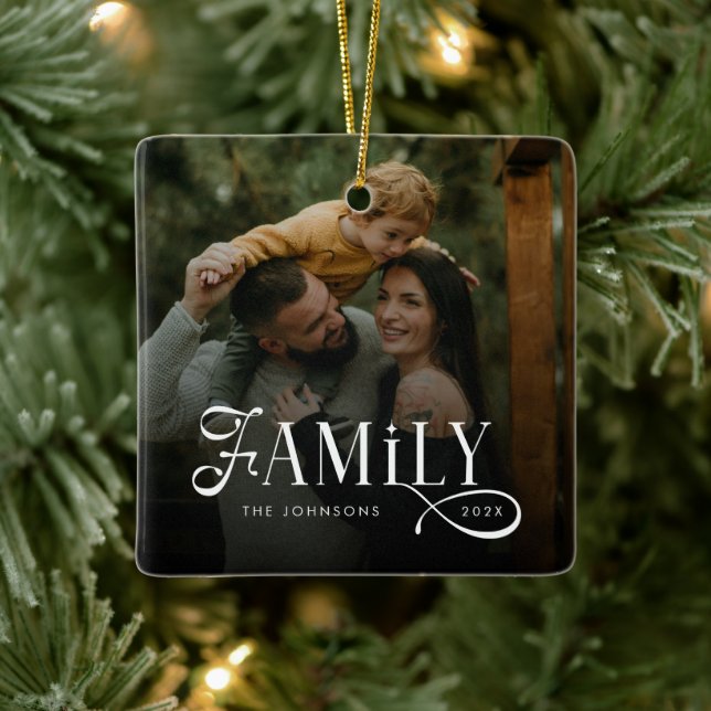 Modern Script Family Custom Photo Name  Ceramic Ornament (Tree)