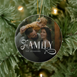 Modern Script Family Custom Photo Name Ceramic Ornament