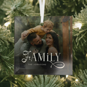 Modern Script Family Custom Photo Name Glass Ornament
