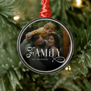 Modern Script Family Custom Photo Name  Metal Ornament
