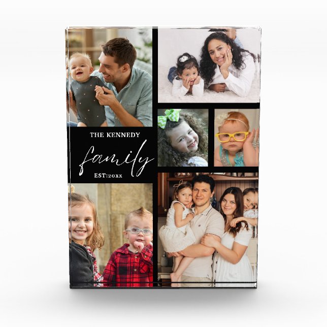 Modern Script Family Name 6 Picture Collage Black Photo Block (Front)